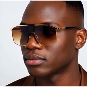 Shield Sunglasses Gold Frame Brown Lens Retro Flat Lens Gold Frame Luxury Lentes